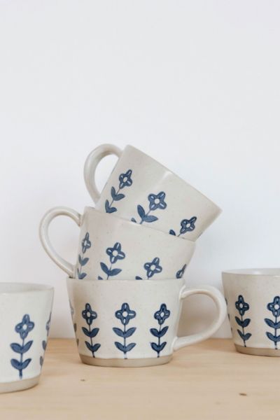 Shop Connected Goods Blue Blooms Ceramic Mug In Neutral At Urban Outfitters In Neutral Multi