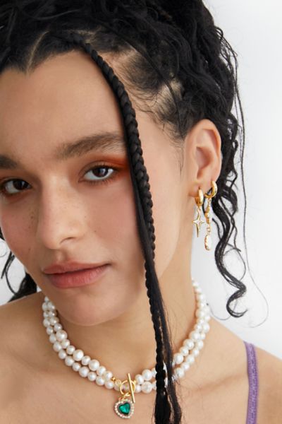 Velvet Luna Sparkle Charm Hoop Earrings In Gold, Women's At Urban Outfitters In White