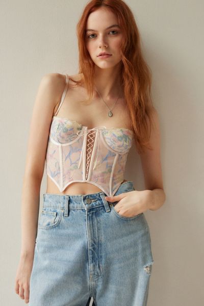 Out From Under Flora Embroidered Bustier Top In Peach, Women's At Urban Outfitters In Peach Floral
