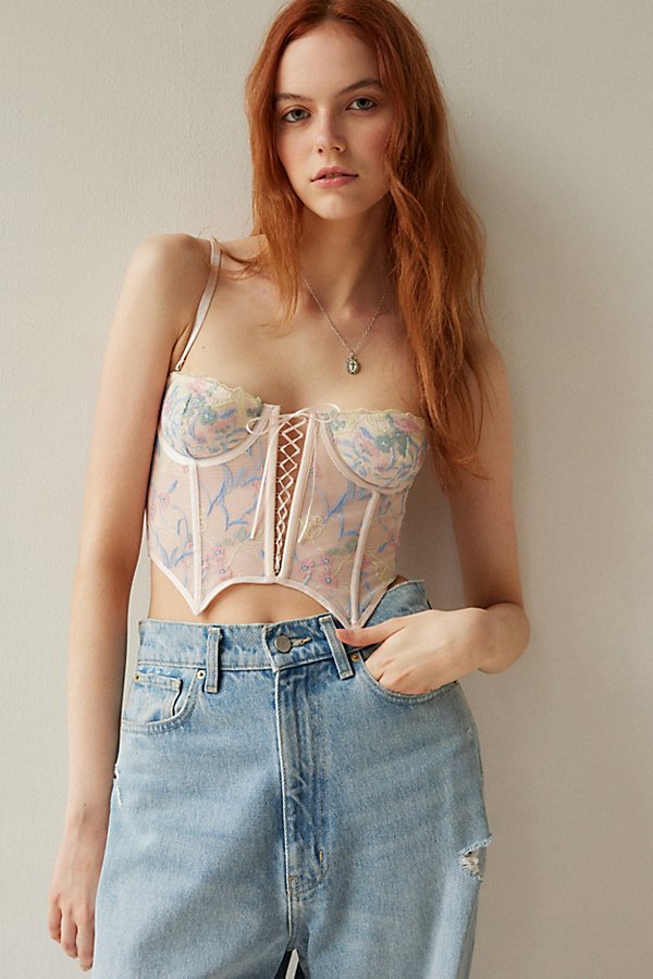 Out From Under Flora Embroidered Bustier Top In Peach, Women's At Urban Outfitters In Peach Floral