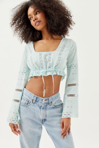 Urban Outfitters Uo Scarlet Eyelet Cropped Blouse In Blue