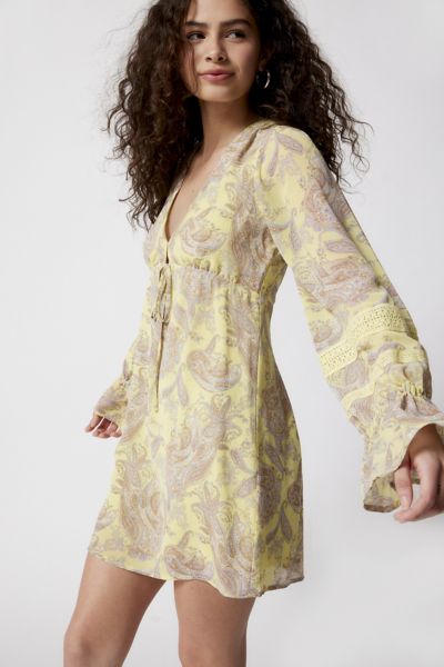 Urban Outfitters Uo Charlene Printed Long Sleeve Mini Dress In Neutral Multi