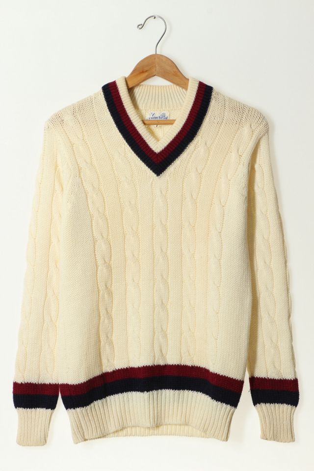 Vintage 1970s Repaired Virgin Wool Cable Knit V-Neck Tennis Sweater Made In  Hong Kong