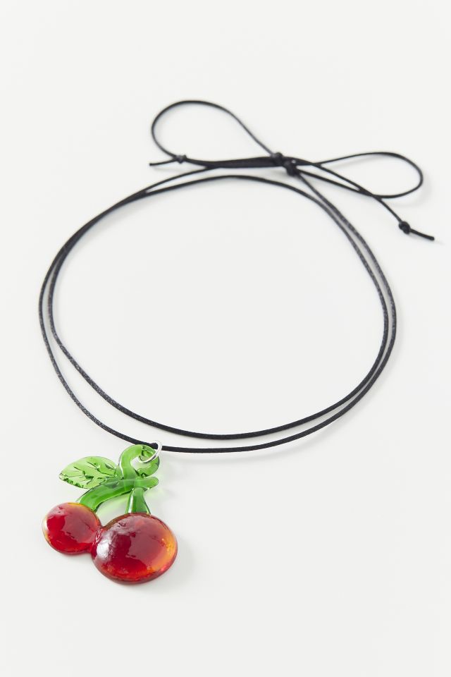 Glass Cherry Corded Choker Necklace #1