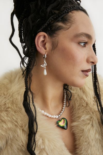 Velvet Luna Diana Butterfly Pearl Earrings In Silver, Women's At Urban Outfitters