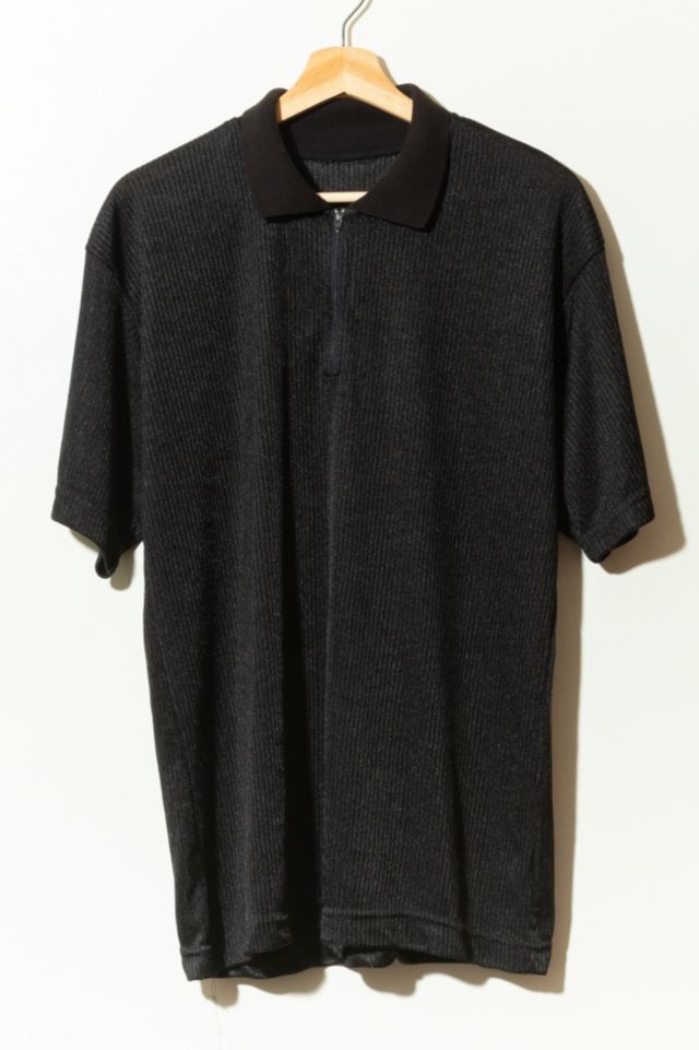 Vintage 1990s Shiny Black Nylon Short Sleeve Quarter Zip Collared Shirt ...