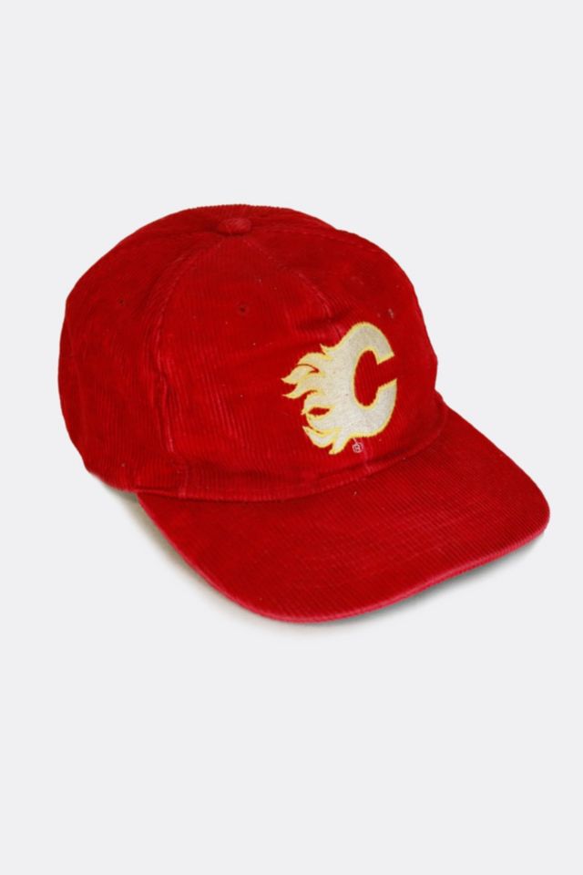 Vintage 90s Yupoong Calgary Flames NHL Red Corduroy Snapback Hat Cap Adjustable Size