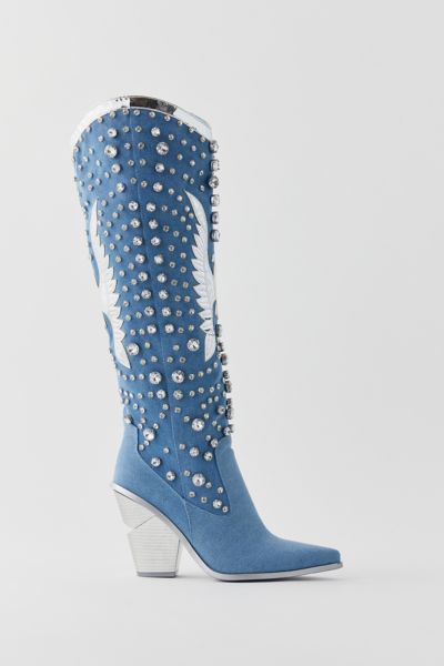 Azalea Wang Metallic Upbeat Rhinestone Cowboy Boot In Denim, Women's At Urban Outfitters