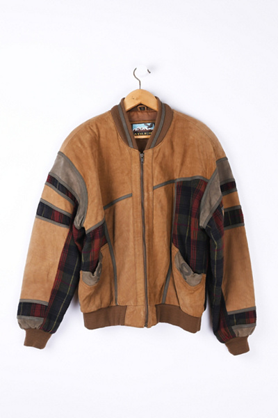 Vintage '90s Leather & Plaid Wool Patchwork Zip-Up Jacket | Urban