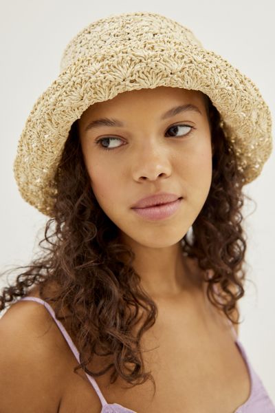 1920s Style Hats for a Vintage Twenties Look Crochet Straw Bucket Hat $37.00 AT vintagedancer.com