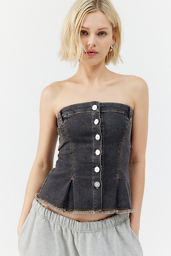 Bdg Denim Lace-up Tube Top In Black, Women's At Urban Outfitters