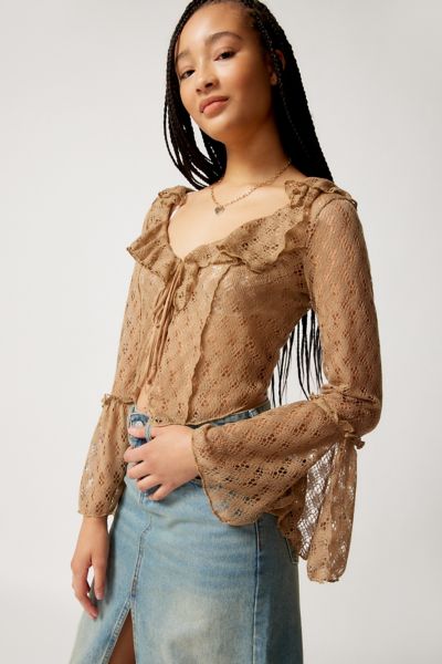 Urban Outfitters Uo Gossamer Crochet Flyaway Top In Taupe