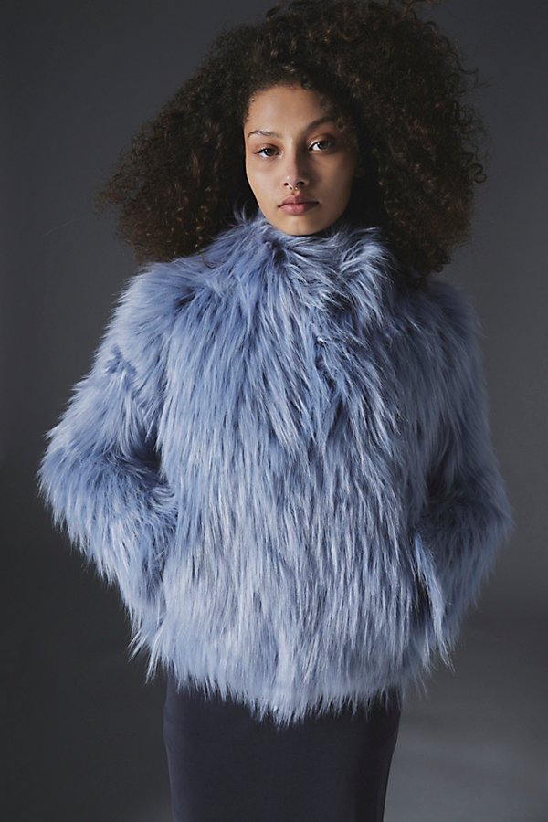 UNREAL FUR DELISH FAUX FUR CROPPED JACKET IN BLUE, WOMEN'S AT URBAN OUTFITTERS