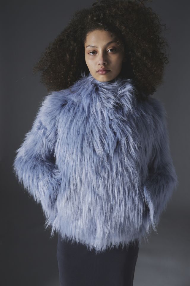 Topshop + Blue Cropped Faux Fur Coat