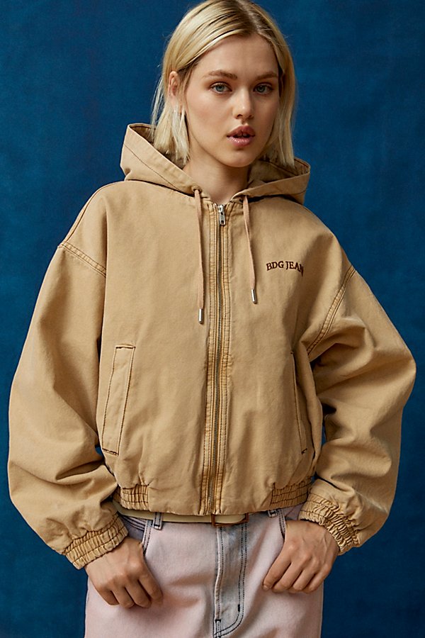Bdg Mini Canvas Hooded Bomber Jacket In Tan