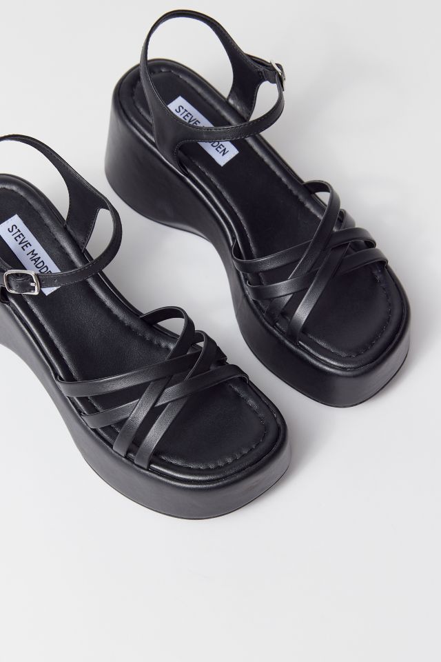 【Steve Madden】CRAZY30 レザー アンクルストラップ サンダル CRAZY30 Black Leather Platform Sandals | Women's Designer