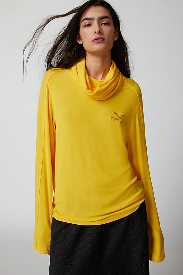 PUMA LUXE SPORT T7 RIBBED TURTLENECK TOP IN YELLOW, WOMEN'S AT URBAN OUTFITTERS