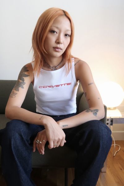 URBAN OUTFITTERS CORVETTE EMBROIDERED TANK TOP IN WHITE, WOMEN'S AT URBAN OUTFITTERS 