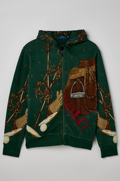 Polo Ralph Lauren Equestrian Allover Print Full Zip Hoodie Sweatshirt In Green