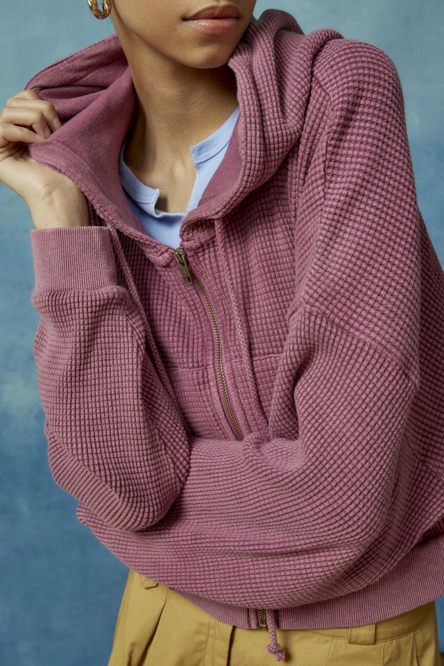 BDG Leah Waffle Knit Zip Up Hoodie Sweatshirt