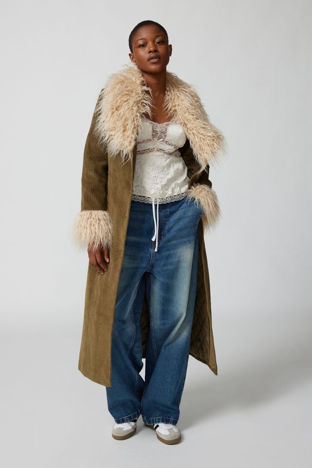 UO Tasha Faux Fur Corduroy Longline Coat | Urban Outfitters