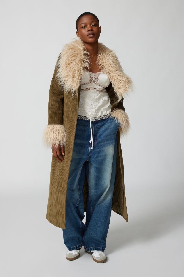 UO Tasha Faux Fur Corduroy Longline Coat | Urban Outfitters