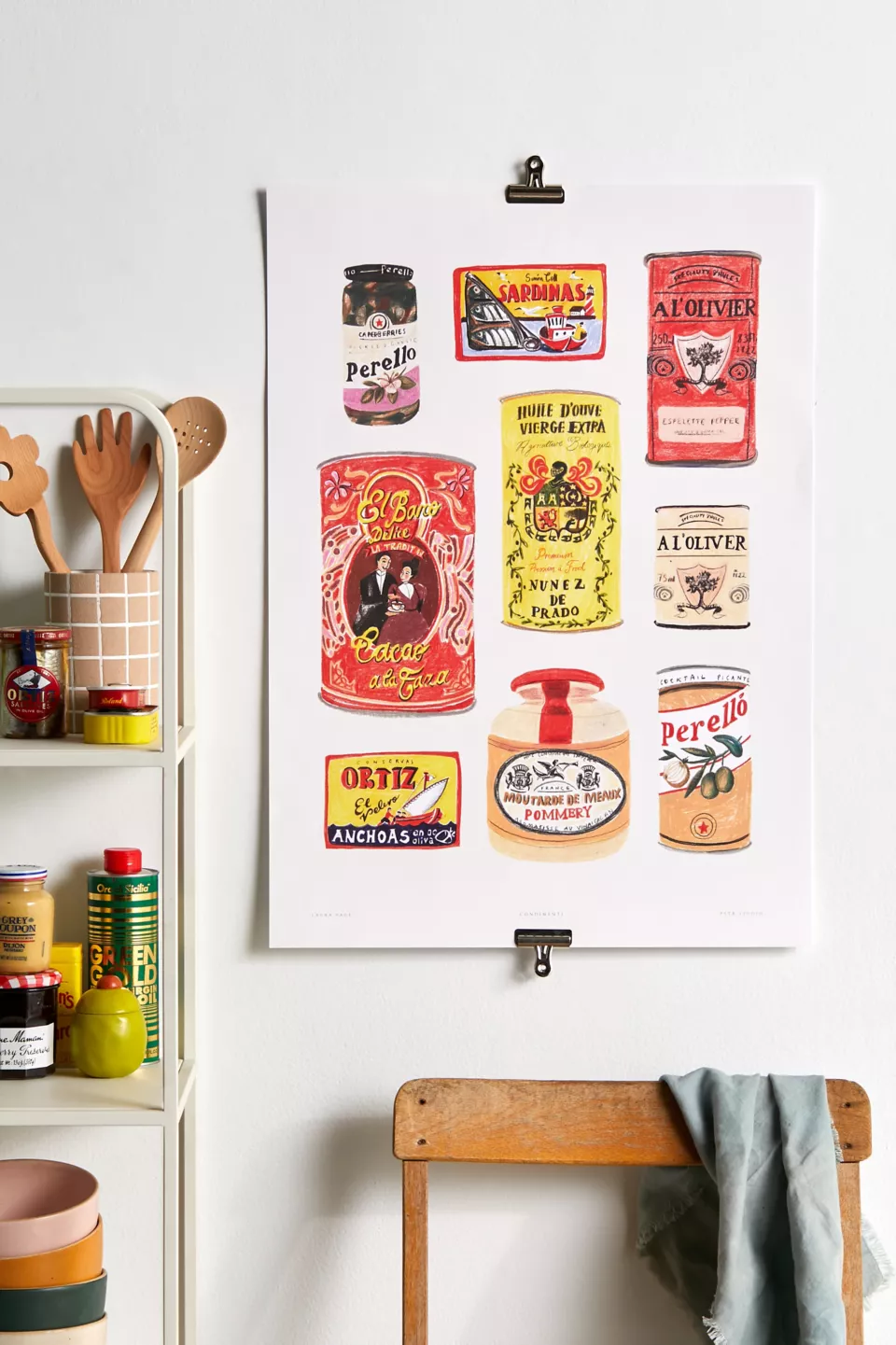 art print of condiments hanging in a kitchen