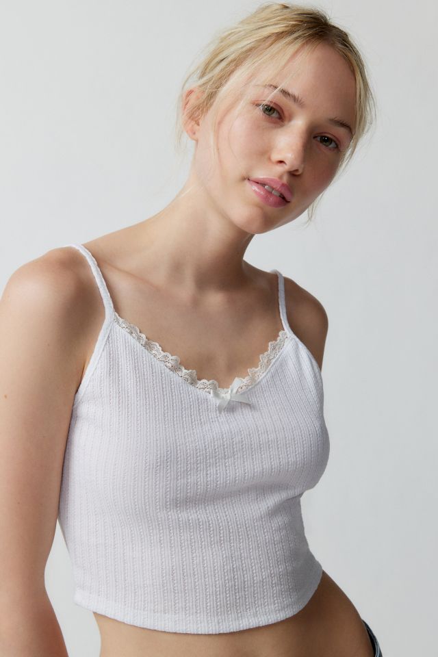 Woman's White Pointelle tank top with herringbone weave