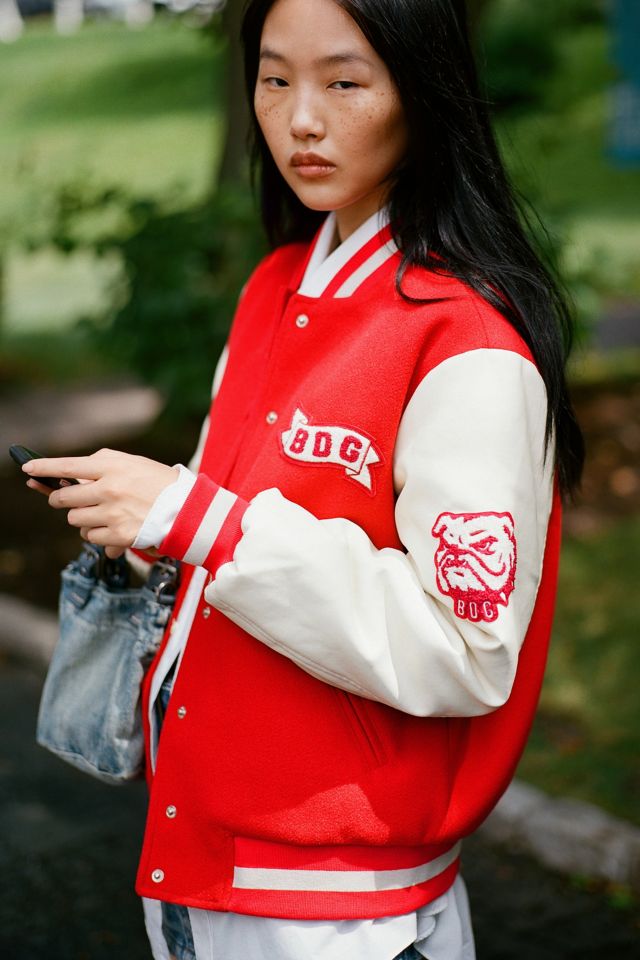 Red Letterman Jacket with White Leather Sleeves