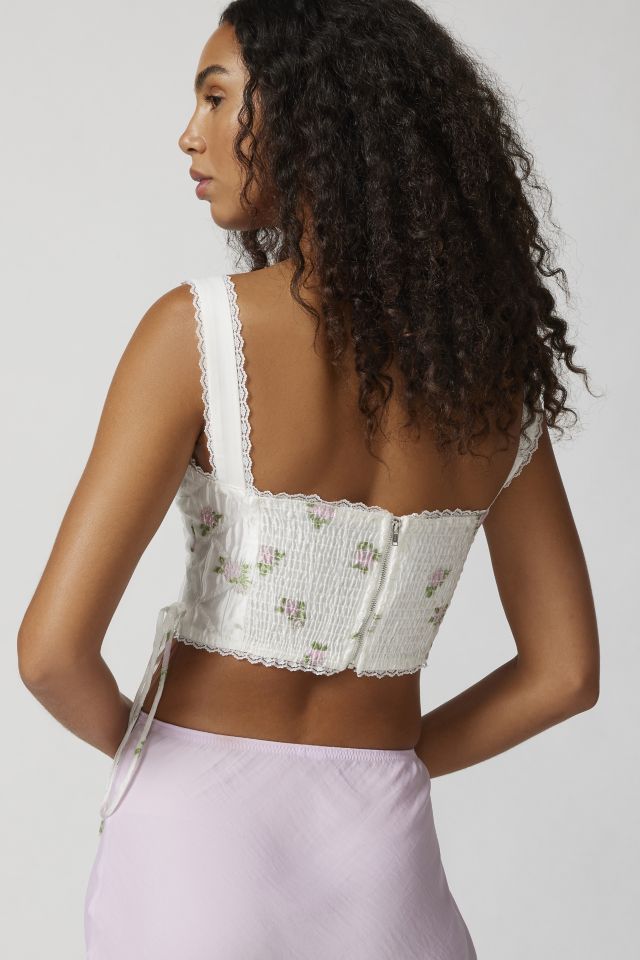 Stone Floral Print Woven Structured Lace Up Corset Crop Top, White, £7.75