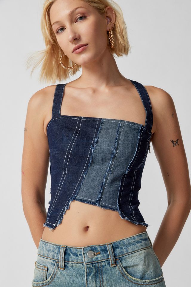 UO Zenia Denim Spliced Corset Top Urban Outfitters