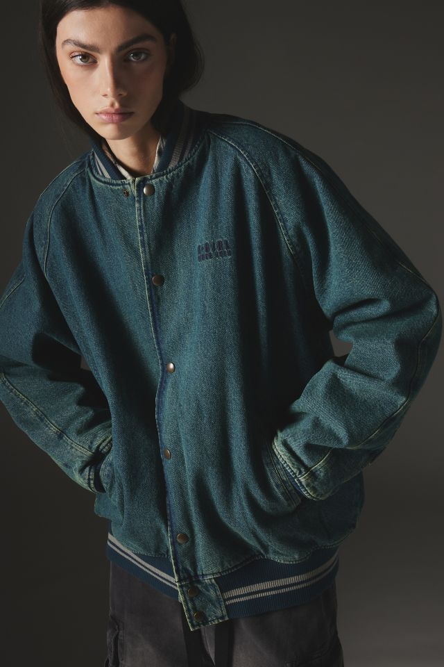 Denim varsity shop bomber jacket