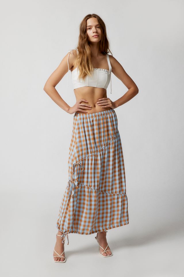 UO Ralph Cinched Gingham Midi Skirt   Urban Outfitters