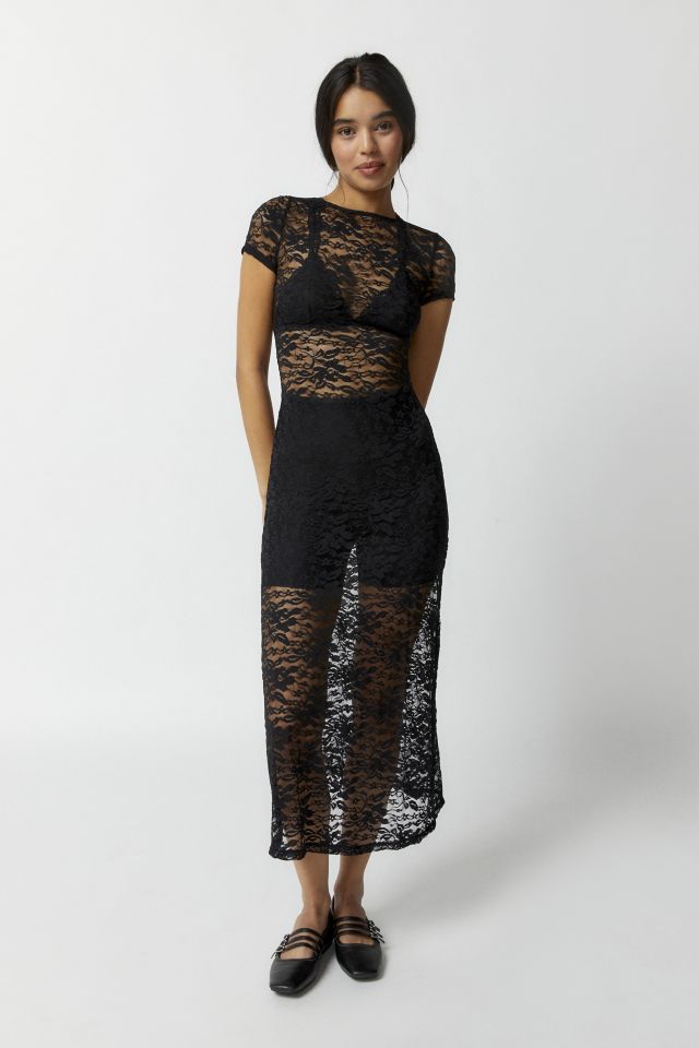 Motel eyelash lace midi dress in black