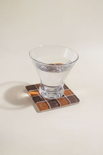 Subtle Art Studios Chocolate Checkered Glass Tile Coaster In Salted Caramel Dark Chocolate