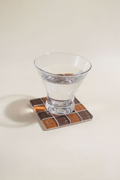 Subtle Art Studios Chocolate Checkered Glass Tile Coaster In Salted Caramel Dark Chocolate