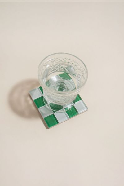 Subtle Art Studios Chocolate Checkered Glass Tile Coaster In Key Lime Pie Milk Chocolate