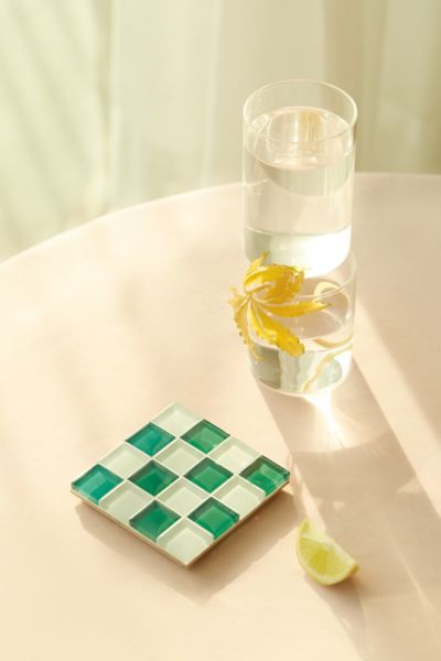 Subtle Art Studios Chocolate Checkered Glass Tile Coaster In Key Lime Pie Milk Chocolate