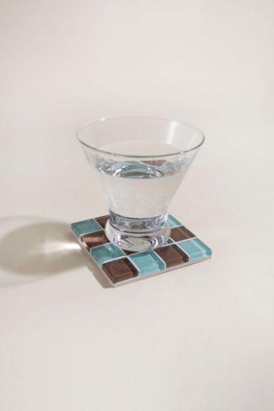 Subtle Art Studios Chocolate Checkered Glass Tile Coaster In Sea Salt Dark Chocolate