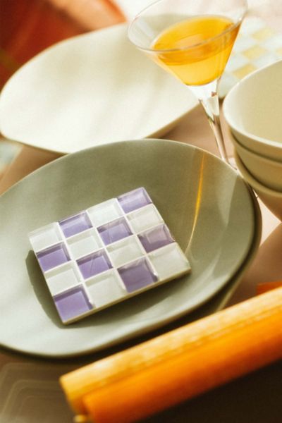 Subtle Art Studios Chocolate Checkered Glass Tile Coaster In Lavender Latte
