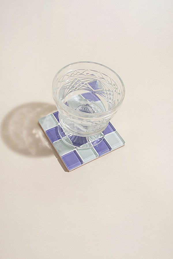 Subtle Art Studios Chocolate Checkered Glass Tile Coaster In Lavender Latte