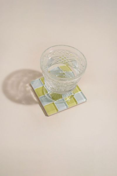 Subtle Art Studios Chocolate Checkered Glass Tile Coaster In Yuzu Caramel Milk Chocolate