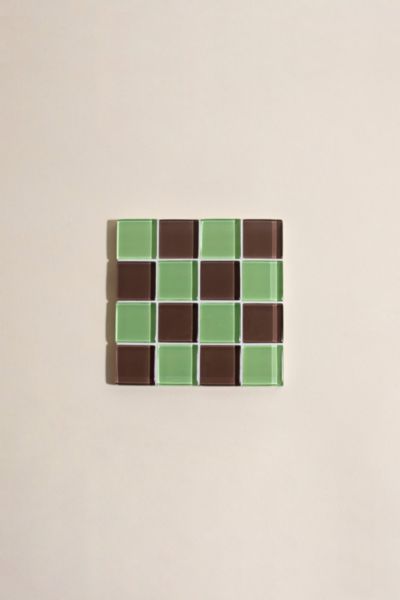 Subtle Art Studios Chocolate Checkered Glass Tile Coaster In Mint Dark Chocolate