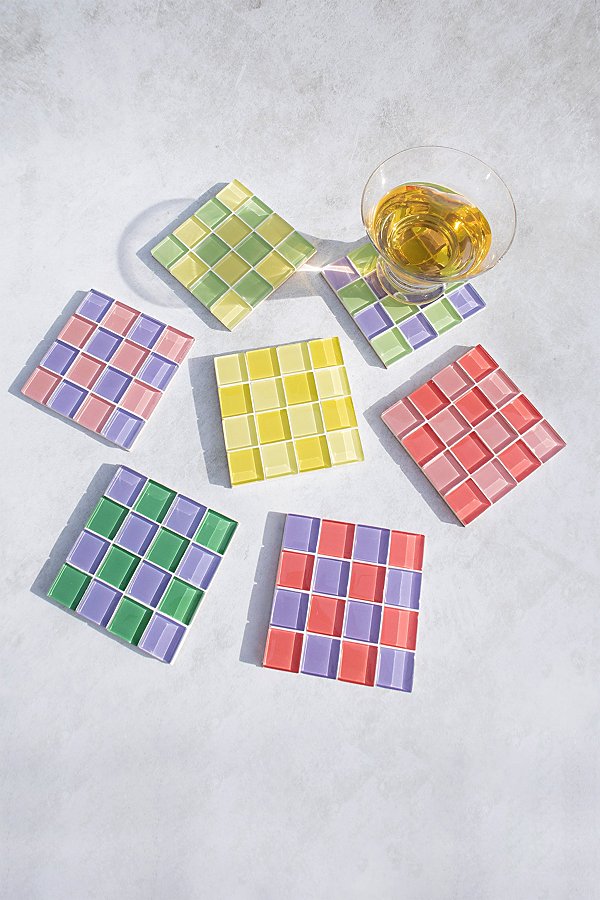 Subtle Art Studios Checkered Glass Tile Coaster In Ube Matcha Latte