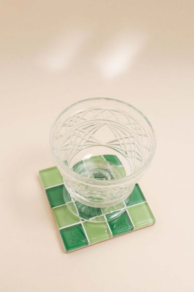 Subtle Art Studios Checkered Glass Tile Coaster In Green Apple