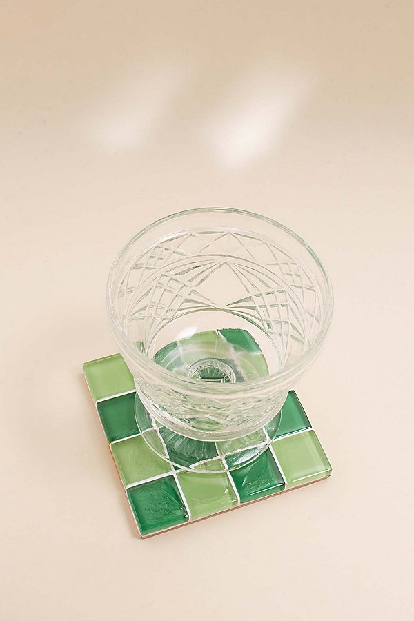 Subtle Art Studios Checkered Glass Tile Coaster In Green Apple