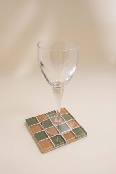 Subtle Art Studios Checkered Glass Tile Coaster In I Olive You