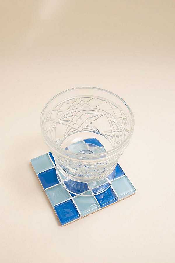 Subtle Art Studios Checkered Glass Tile Coaster In Blue Sky