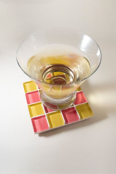 Subtle Art Studios Checkered Glass Tile Coaster In Strawberry & Banana Swirl