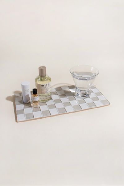 Subtle Art Studios Classic Checkered Glass Tile Tray In Beige & White Checkered